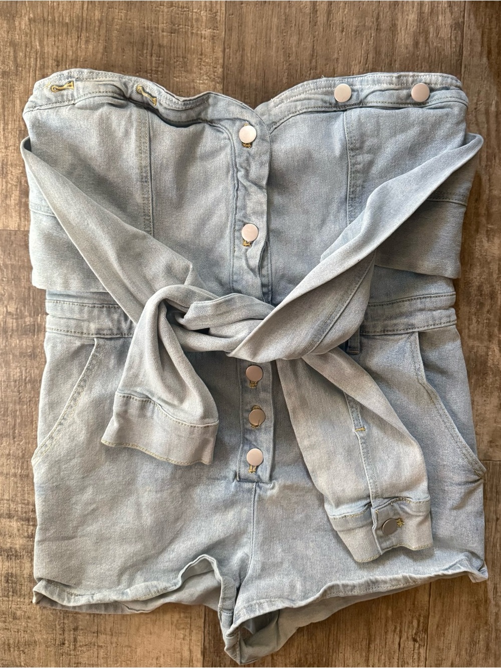 Women’s Strapless Light Blue Denim Romper with Belt